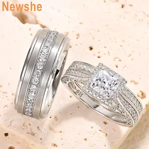 Newshe 2pcs His and Her Couple Rings CZ Promise Wedding Engagement Band Ring Set - Picture 1 of 8
