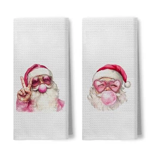 Funny Santa Kitchen Towels Set of 2 Santa Decorations Hand Towels Pink Dish T... - Picture 1 of 6