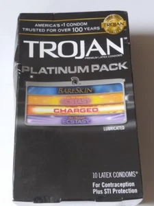 Trojan Platinum Pack BareSkin Charged Ribbed Ecstasy 10 Latex Condoms Sealed New - Picture 1 of 3