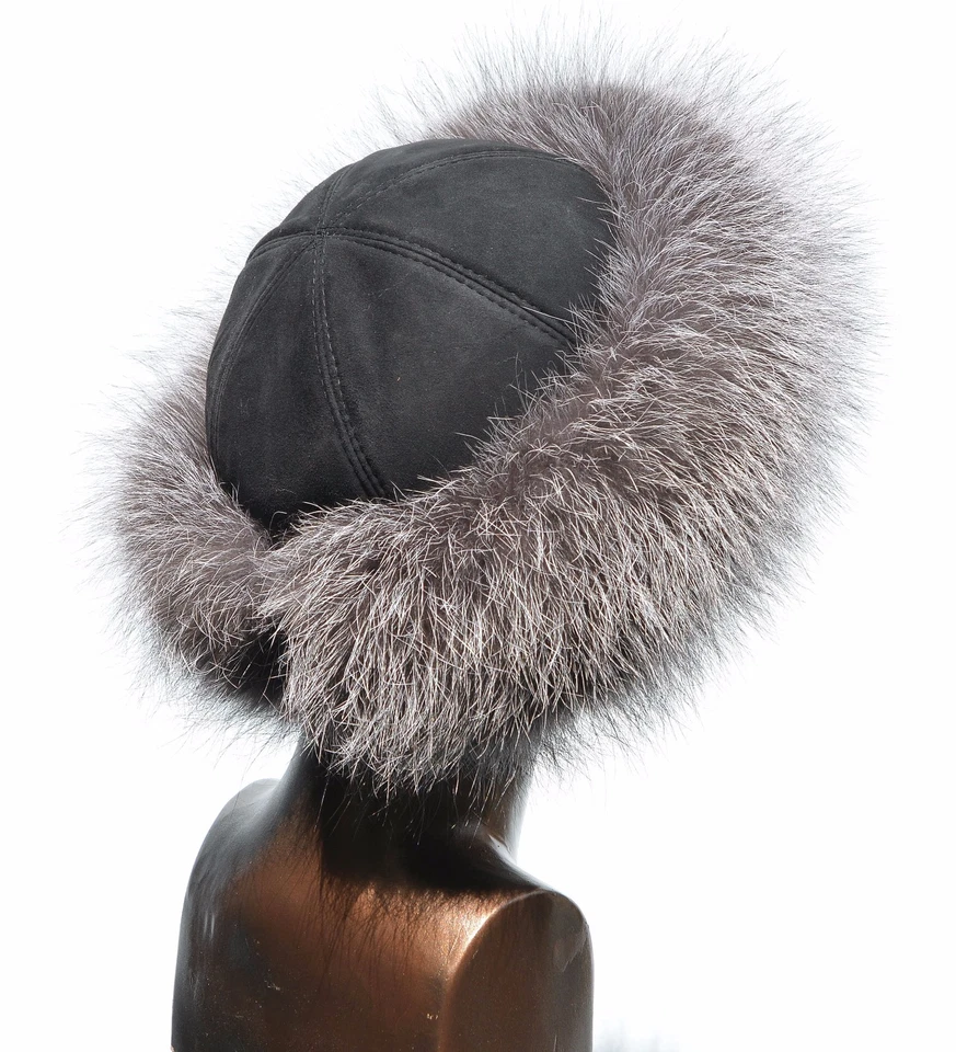 Sombrero de invierno premium de piel de zorro plateado y gamuza negra para mujer Foto 1 de 1
