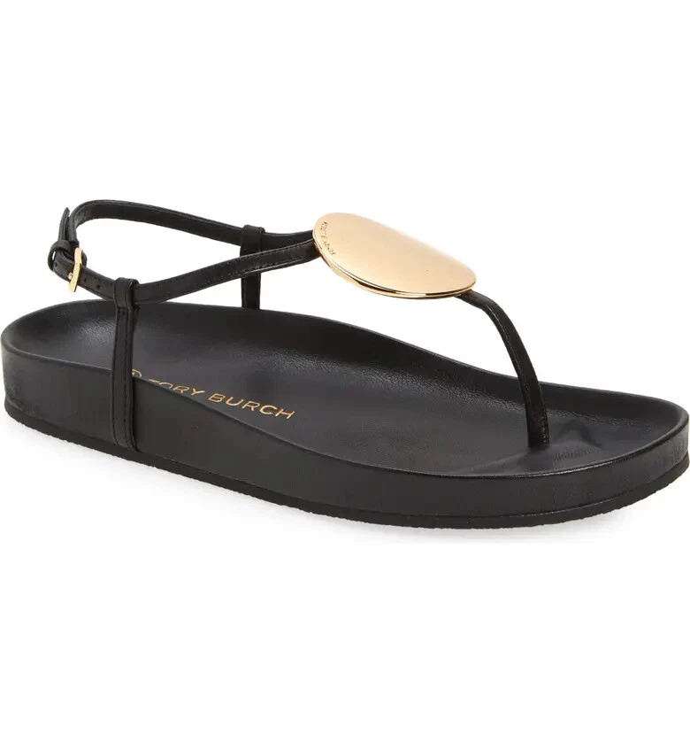 Tory Burch Patos Disk Sandals in Black/ Gold Size 8 Flats Shoes