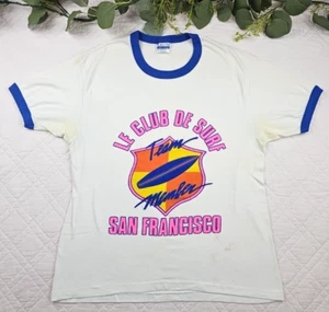 T-shirt vintage Surf Club San Francesco bianca vernice a sbuffo taglia L suonatore - Foto 1 di 12