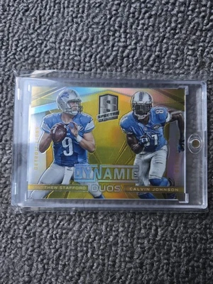 2014 Panini Spectra-Dynamic Duos Matthew Stafford, Calvin Johnson #9Gold Prizm/25 Foto 1 de 2