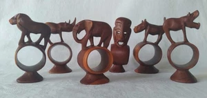 Lot 6 Vintage Hand Carved Wood African Safari Animals Napkin Rings Holders 1960s - Picture 1 of 14