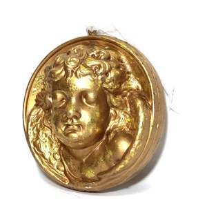 Vintage Wall Plaque Metallic Gold Cherub Round Paper Mache - Picture 1 of 7