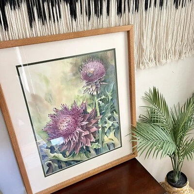 Original Susan Tait Signed Purple Floral Thistle Framed Watercolor Painting - Image 1 of 4
