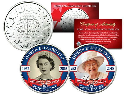 QUEEN ELIZABETH *Monarca reinante* Juego de 2 monedas medallón de la Casa de la Moneda Real Canadiense Foto 1 de 2