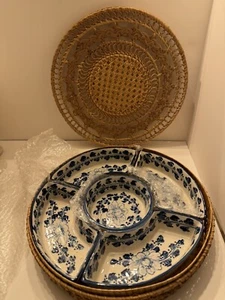 Oriental Blue & White Ceramic Divided Serving Dish Set in Wicker Basket w/ Lid - Picture 1 of 8