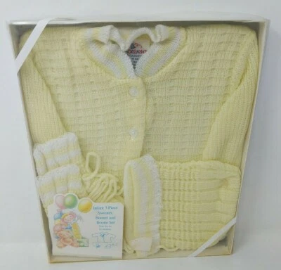 Cradle Knit Infant Baby Sweater Hat Bootie Set Yellow VTG 1970s 70s 80s 1980s - Image 1 of 4