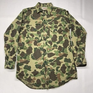 VTG Kamo Button Shirt Mens Small Duck Camo Green 70s Army Hunting Cotton Vietnam - Picture 1 of 15