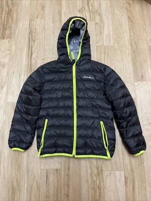 Eddie Bauer Reversible Down Jacket Boys S Black Gray Zip Puffer Hooded Outdoor - Image 1 of 4