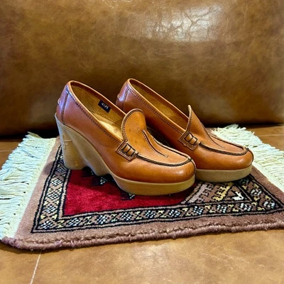 Famolare Hi-Up Wavy Wedge Heels Brown Womens Vintage 70s Size 4.5 Narrow Shoes - Image 1 of 4