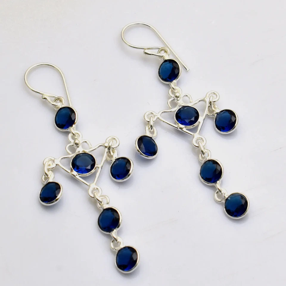 Brincos pendurados de gota feitos à mão de pedra preciosa de tanzanita joias femininas 2" AE-98315 - Imagem 1 de 1