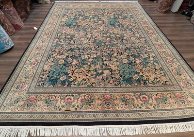 Alfombra Paquistaní 9x13 William Morris Pájaros Floral Verde Oscuro Fina 240 KPSI Foto 1 de 4