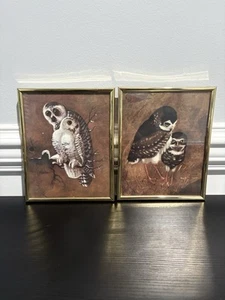 Set of 2 Vintage Gold Framed Richard Hinger Signed Owl Prints - 10" x 8" Each - Picture 1 of 5