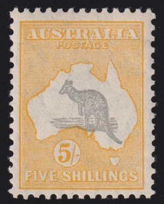 ACSC 46A - 1932 Grey & Yellow-orange 5/- Shillings Kangaroo Stamp MLH + Cert - Image 1 of 3