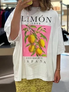 Lemon Fruit Print T-Shirt Women Vintage Oversized Cotton Graphic Top Tee - Picture 1 of 6