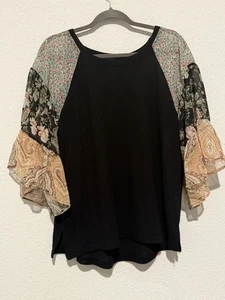 Umgee Damen Shirt schwarz Waffel Strick Herbst Blumen Boho Country Festival Medium - Bild 1 von 7