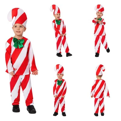 Navidad Niños Bastón de Caramelo Disfraz Navidad Juegos con disfraces Conjunto Top Pantalones Sombrero Conjuntos Foto 1 de 4