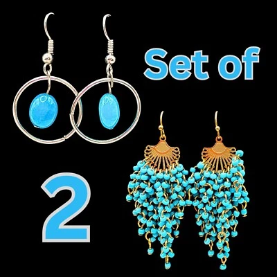 Faux Turquoise Seed Beaded Dangle Earrings Set Mixed Metals Chandelier Boho Chic - Image 1 of 4