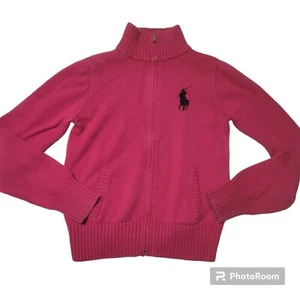 Polo Full Zip Sweater Big Pony Pink/ Fuchsia Girls XL 16 LONG Slv Knit Mock Neck - Picture 1 of 6