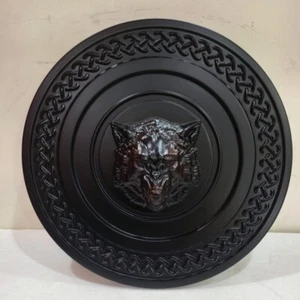 🔆Full black Viking wolf head with craving design round ,wooden shield carved - Picture 1 of 16