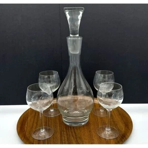 Crystal Decanter Set Etched 4 Glasses POLAND Schooner Clipper Sailboat Ship VTG - Picture 1 of 15