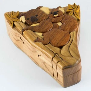 Koala Mom Baby Wooden Intarsia Puzzle Box Secret Chamber Handmade Handcrafted - Picture 1 of 4