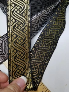 Celtic swirl metallic in black and Gold Fabric Trim, 1 1/2 inch wide by the yard - Picture 1 of 2
