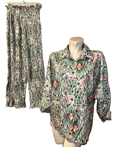 New FASHION GOSSIP Outfit One Size (M-XL) Green Pink Button Shirt & Pull-on Pant - Picture 1 of 10