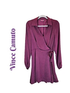 Vince Camuto Damen Kleid M Satin Aubergine Wickelkleid Langarm Gummizug Handgelenk - Bild 1 von 11