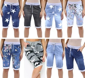 Women's Ladies Italian Shorts Elastic Waist Turn Up Summer Beach Holiday Pants - Picture 1 of 10