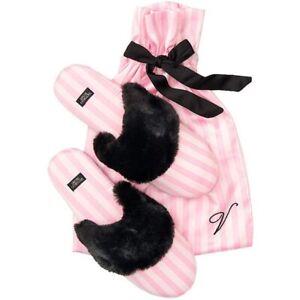 Victoria's Secret Slippers Women's Small 5-6 Faux Fur Pink Stripe & Satin Bag