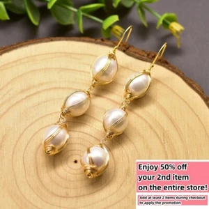 Natural Freshwater Pearl Earrings Bohemian Baroque String Dangle Drop 925 Silver - Picture 1 of 7