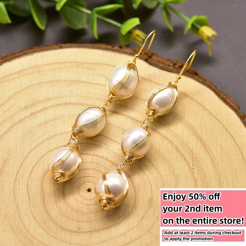 Natural Freshwater Pearl Earrings Bohemian Baroque String Dangle Drop 925 Silver - Image 1 of 4