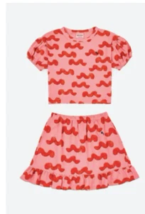 BOBO CHOSES PINK WAVES SHORT SLEEVE PUFF TOP & SKIRT SET OUTFIT ORGANIC 4-5 - Picture 1 of 13