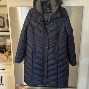 Marc New York Damen marineblau Langarm Kapuze durchgehender Reißverschluss langer gefütterter Mantel Größe LG - Bild 1 von 12