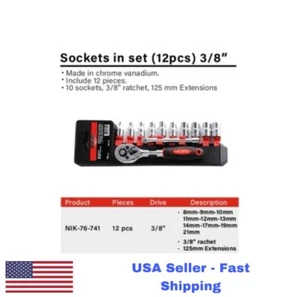 12 Pieces Socket Tool Set 3/8” Ratchet Set METRIC 8mm-21mm NIKATTO USA STOCK - Bild 1 von 5
