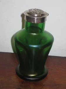 AUSTRIAN BOHEMIAN POS LOETZ IRIDESCENT GREEN BOTTLE FLASK ART NOUVEAU SILVER TOP - Picture 1 of 7