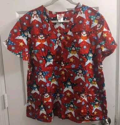 White Cross Christmas Star Snowman Snow Flake Women's Scrub Top Size XL  - Image 1 of 3