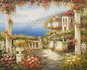 Terraza Mediterránea #4J-B6, 20x24 - Pintura al óleo sobre lienzo 100 % pintada a mano - Imagen 1 de 6