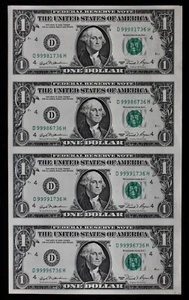 UNCUT SHEET of 4, $1 1981 CU Federal Reserve Notes D99981736H-D99996736H ppE4-H4 - Picture 1 of 2