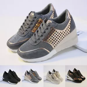 Womens Ladies Wedge Trainers Mesh Sports Sneakers Lace Up Comfort Shoes Size - Picture 1 of 19