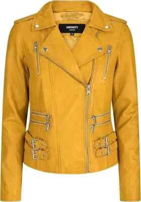 Elegante chaqueta de cuero de piel de cordero genuina amarilla para mujer motociclista motocicleta Foto 1 de 4
