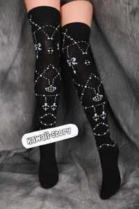 Black Bow Crown Lolita Socks Overknees Stockings Harajuku Gothic - Picture 1 of 3