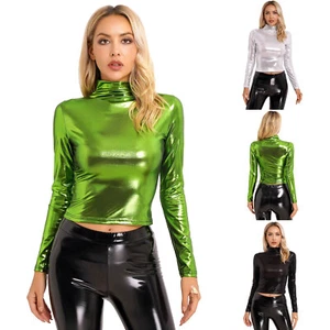Canotta donna crop top metallizzato manica lunga girocollo lucida maglietta clubwear - Foto 1 di 51