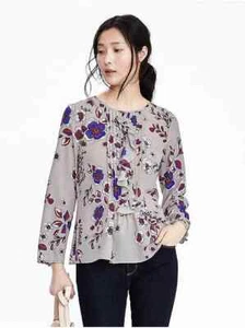 Banana Republic Floral Pleated Ruffle Top, Polyester, Gray Multi, Size L, NWT - Picture 1 of 12