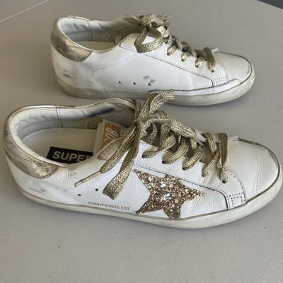 Golden Goose Superstar White/Gold Leather Gold Glitter Star Sneakers 37EU/ 7US - Image 1 of 4