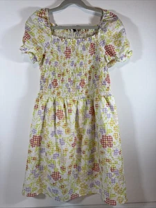 Women’s Loft Size M Gingham Floral Print Puff Sleeve Smocked Dress - Picture 1 of 8