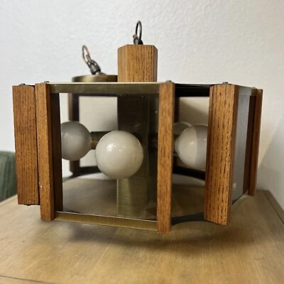 Mid Century Modern Fredrick Ramond Brass Wood Glass Ceiling Light Chandelier - Image 1 of 4